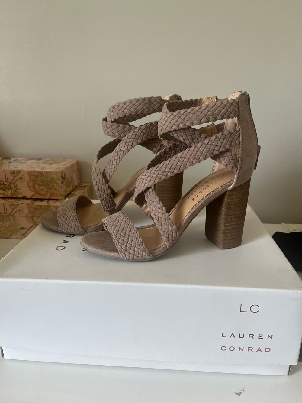 LC Lauren Conrad Braided Taupe Block Heel Sandals